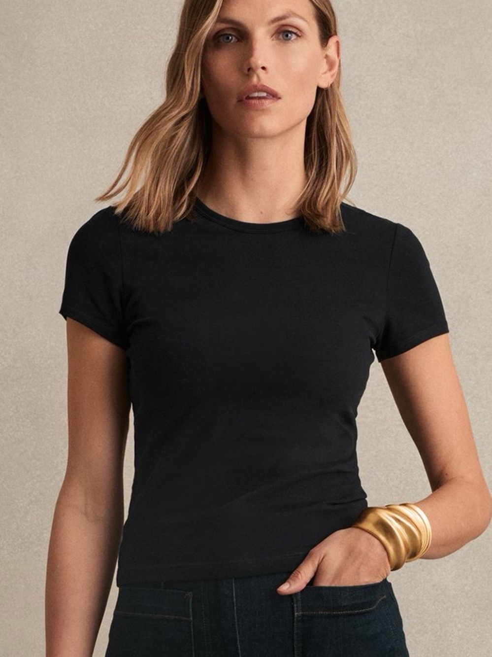 Reiss Jolie Stretch Cotton Black Short Sleeve Crew Neck Tee